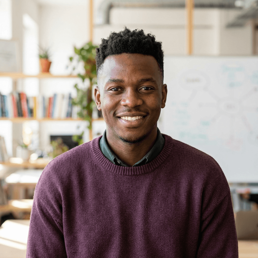 Safari Agaba standing in his Kampala office with refining equipment behind him