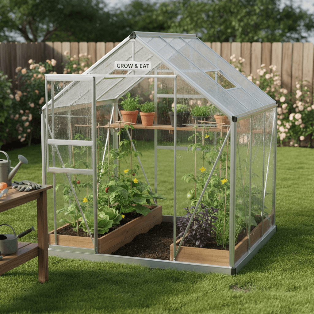 Small backyard greenhouse with vegetables growing inside