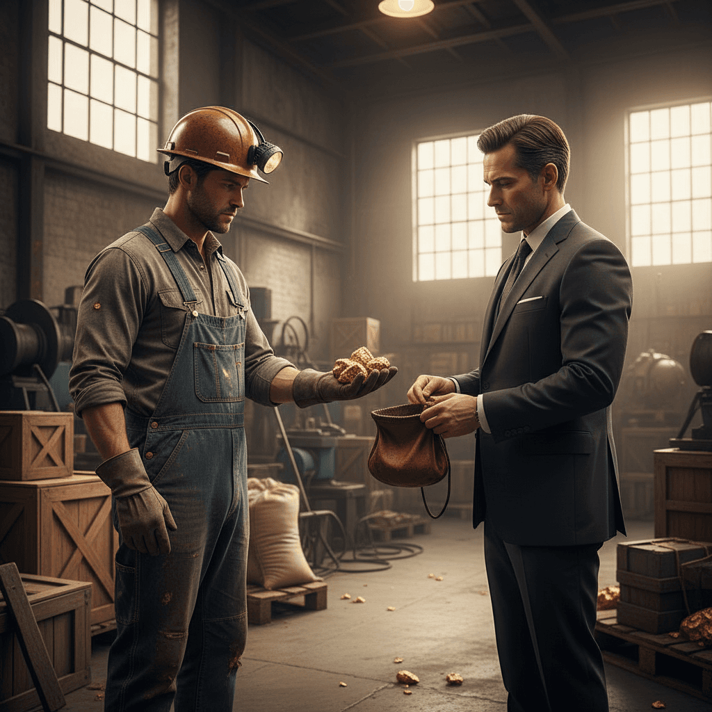 Miner handing gold nuggets to a buyer in a warehouse