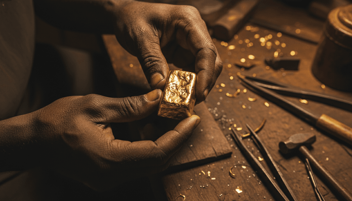 Artisan's hands holding a crafted gold bullion bar against a dark workshop surface