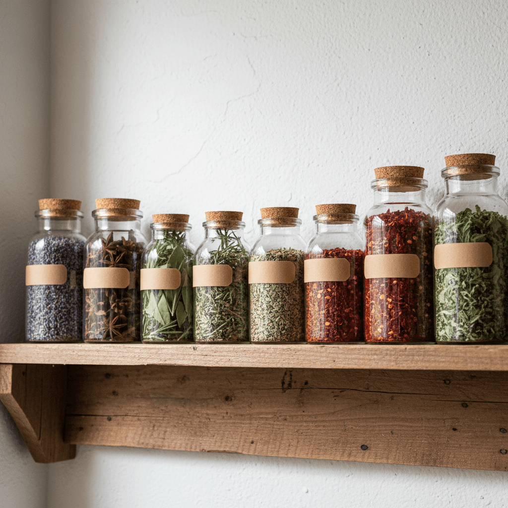 Dried herbs in labeled glass jars on a wooden shelf