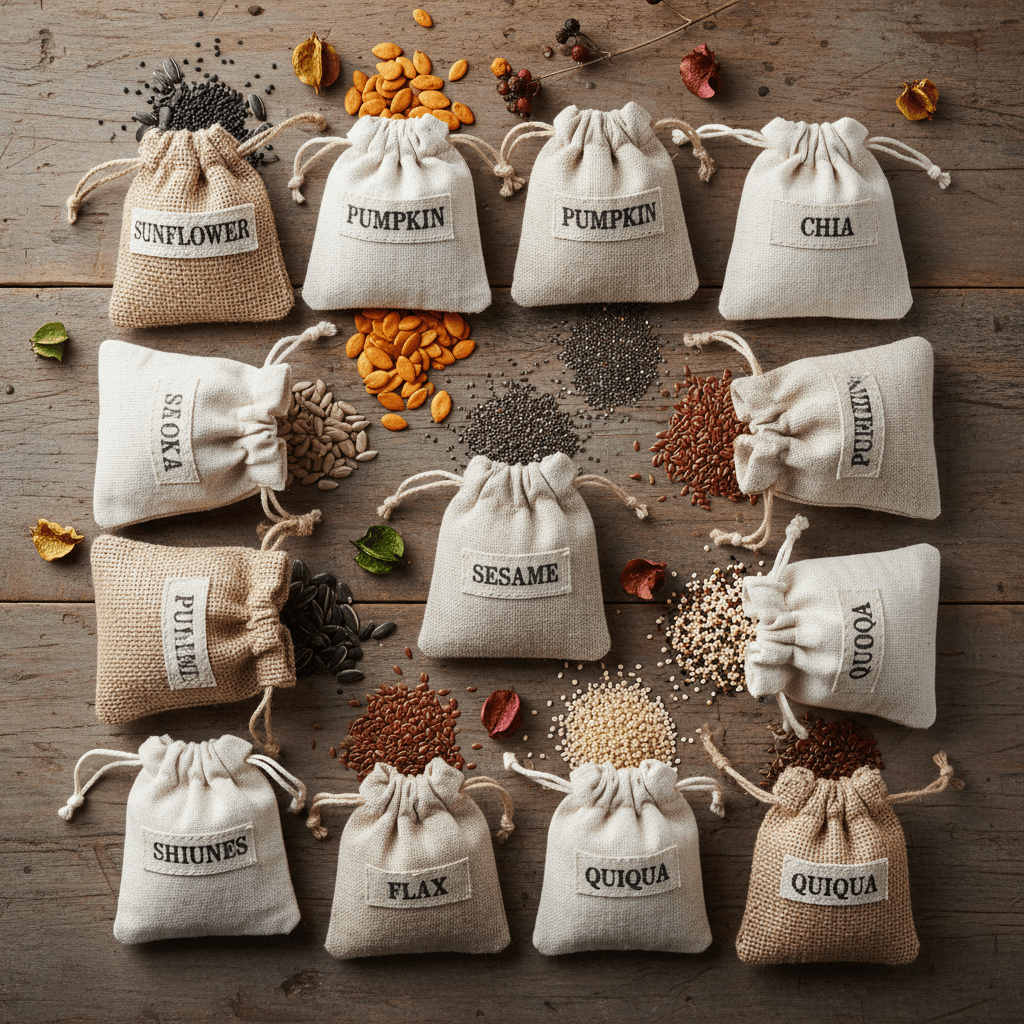 Assorted seeds in small cloth bags arranged on a table