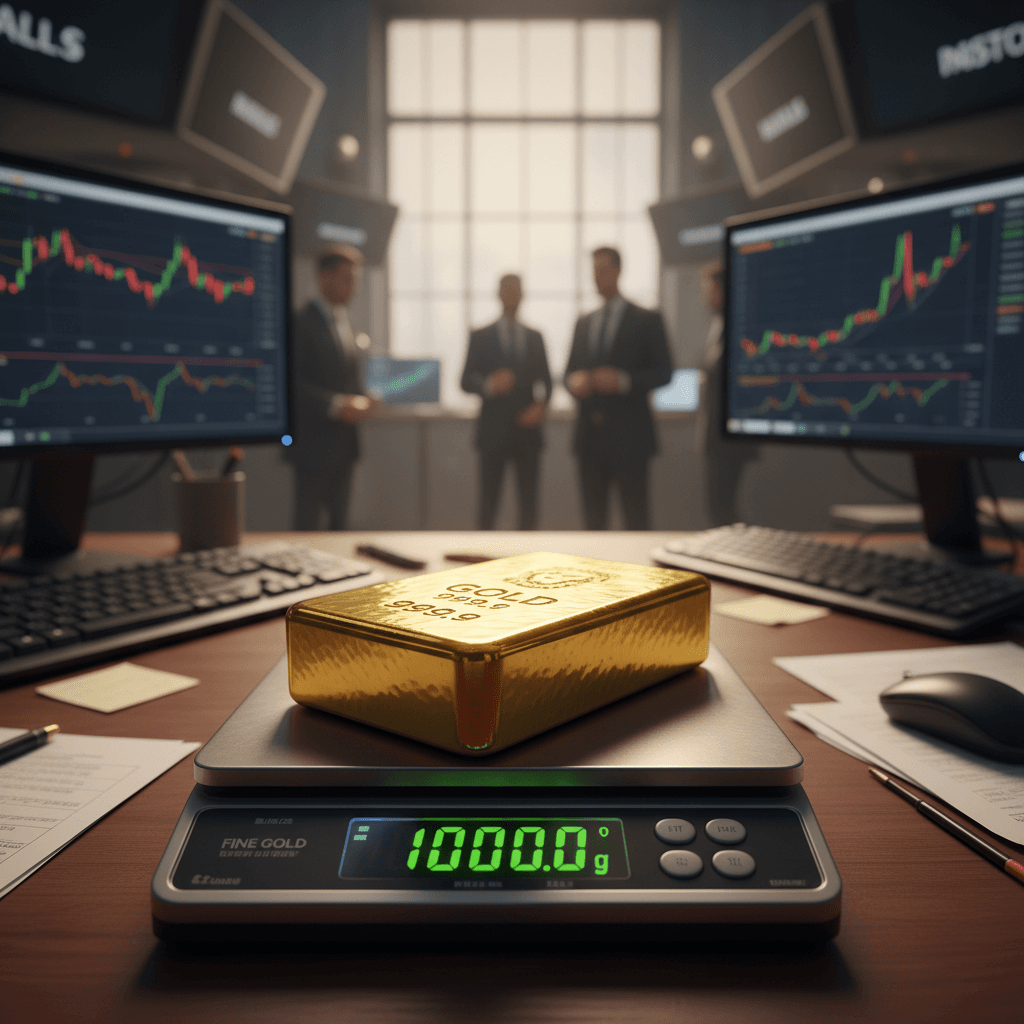Close up of a gold bar on a scale in a trading office