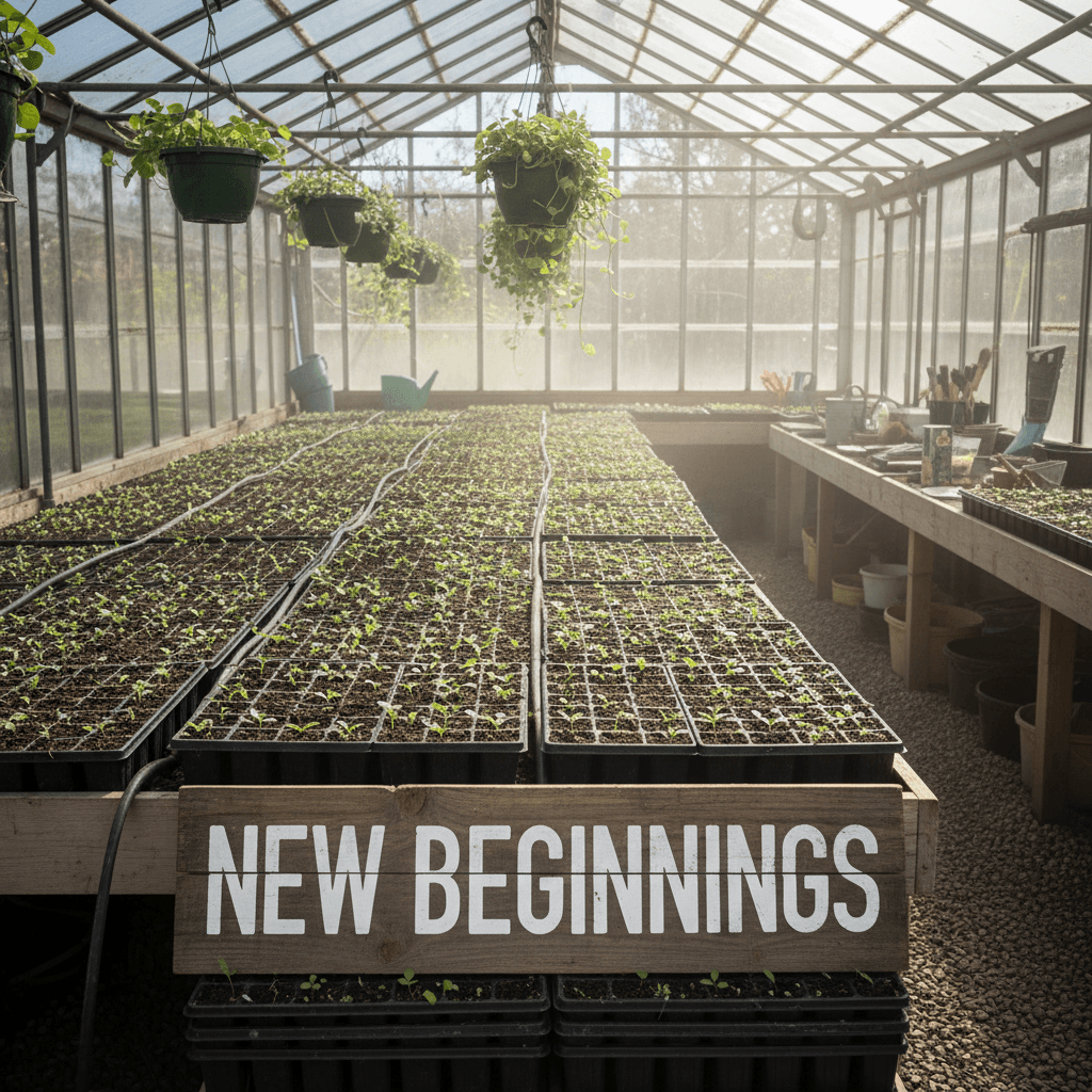 Greenhouse interior with young seedlings growing in soil trays