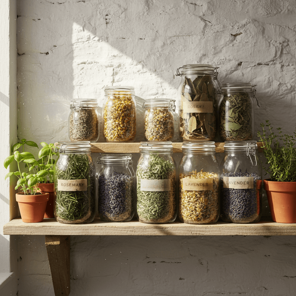 Glass jars filled with dried herbs on a wooden shelf
