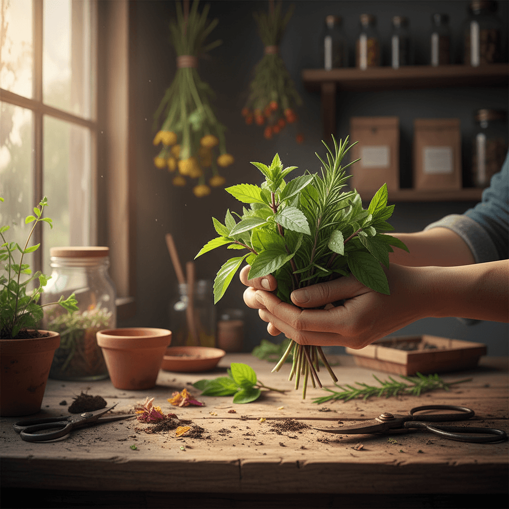 Hands holding fresh green herbal leaves