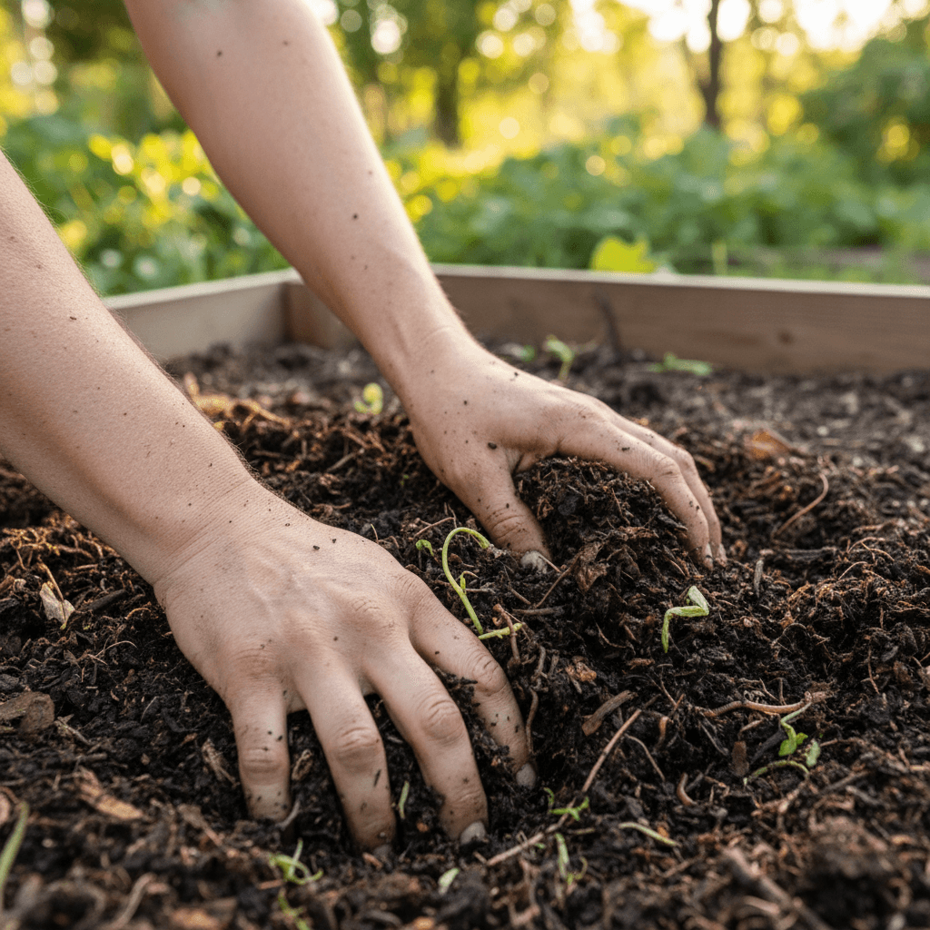 Hands mixing dark compost soil in a garden bed