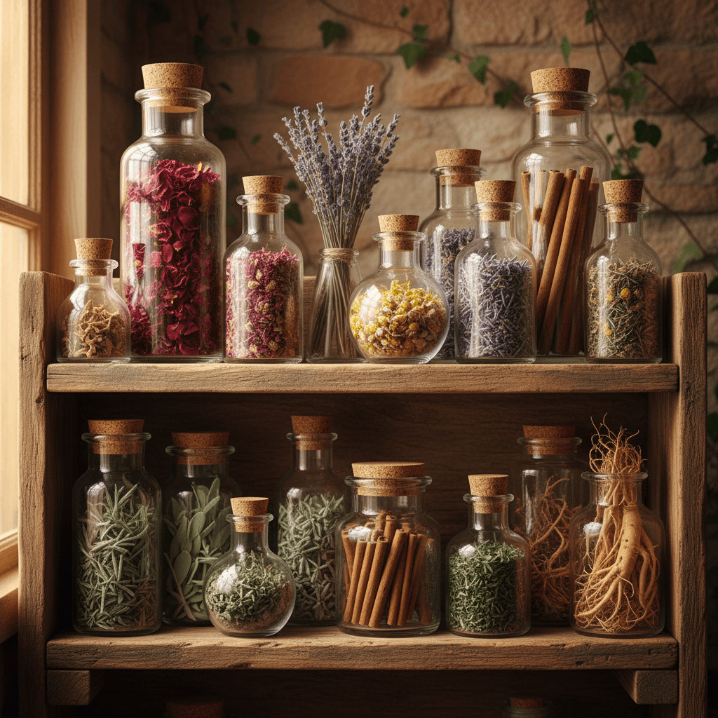 Apothecary jars filled with dried flowers