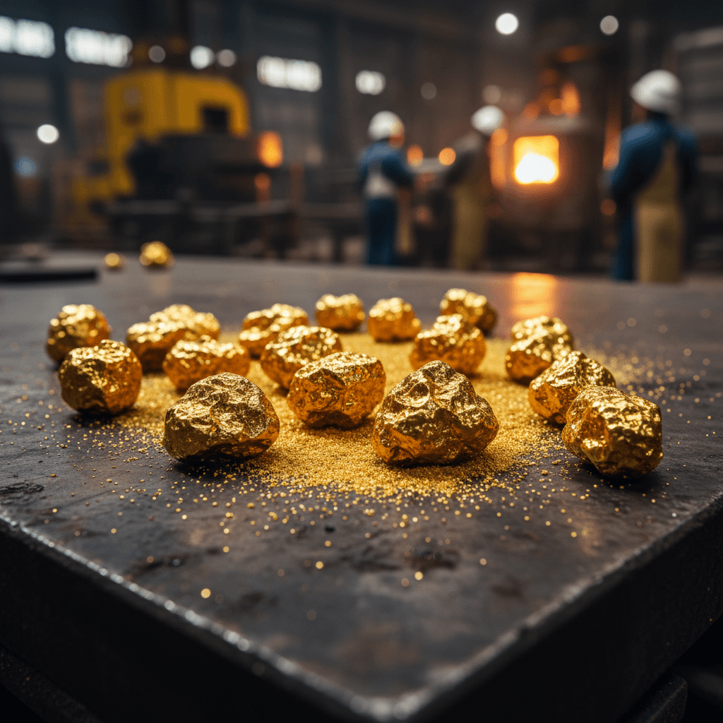 Gold nuggets and dust on a dark surface in a refinery