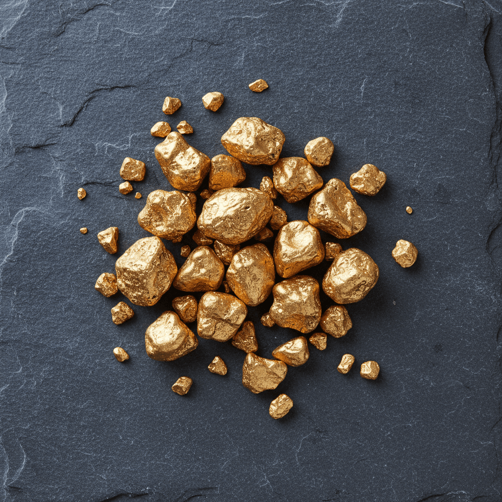 Natural gold nuggets clustered on a dark slate surface