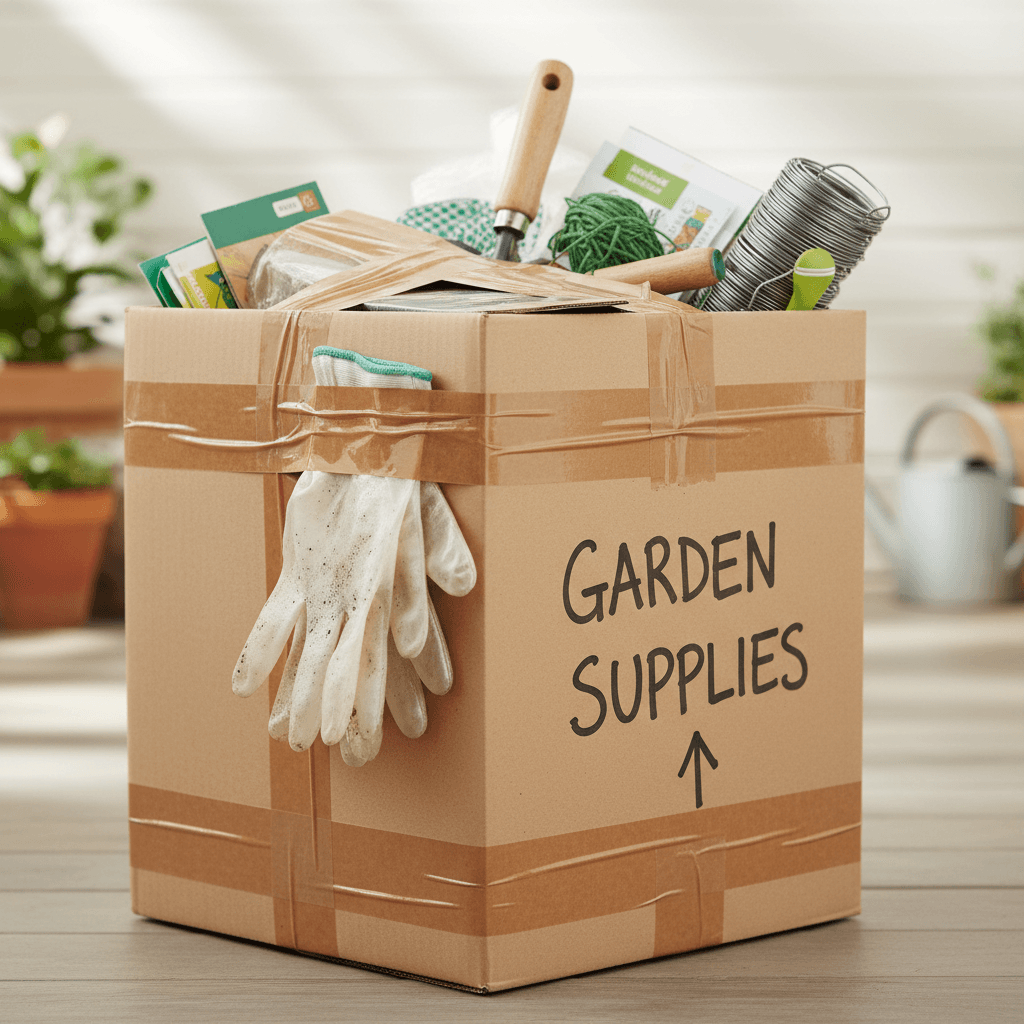 Packed cardboard box filled with garden supplies secured with tape