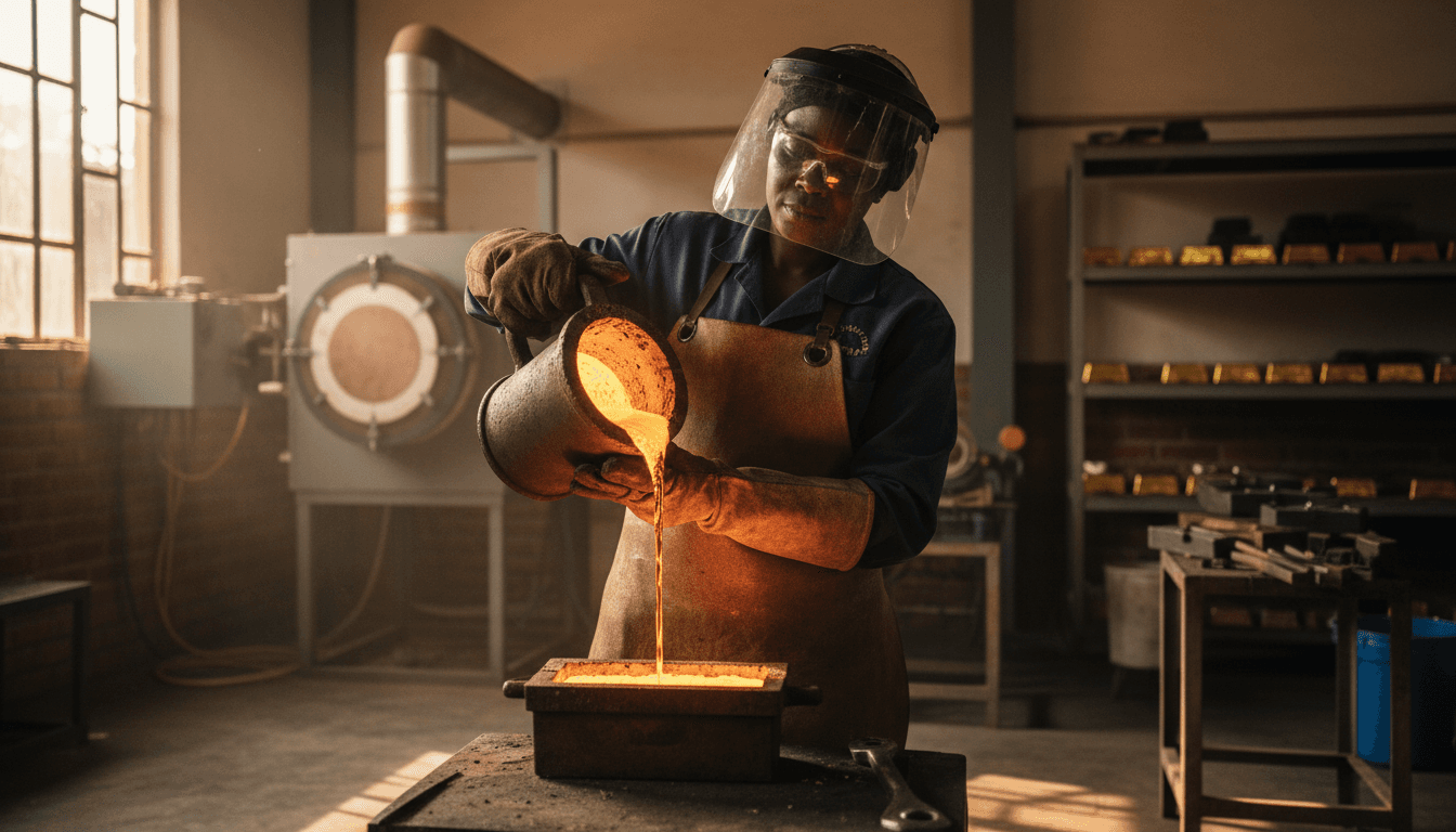 Black Ugandan refinery worker handling molten gold in a Kampala workshop.