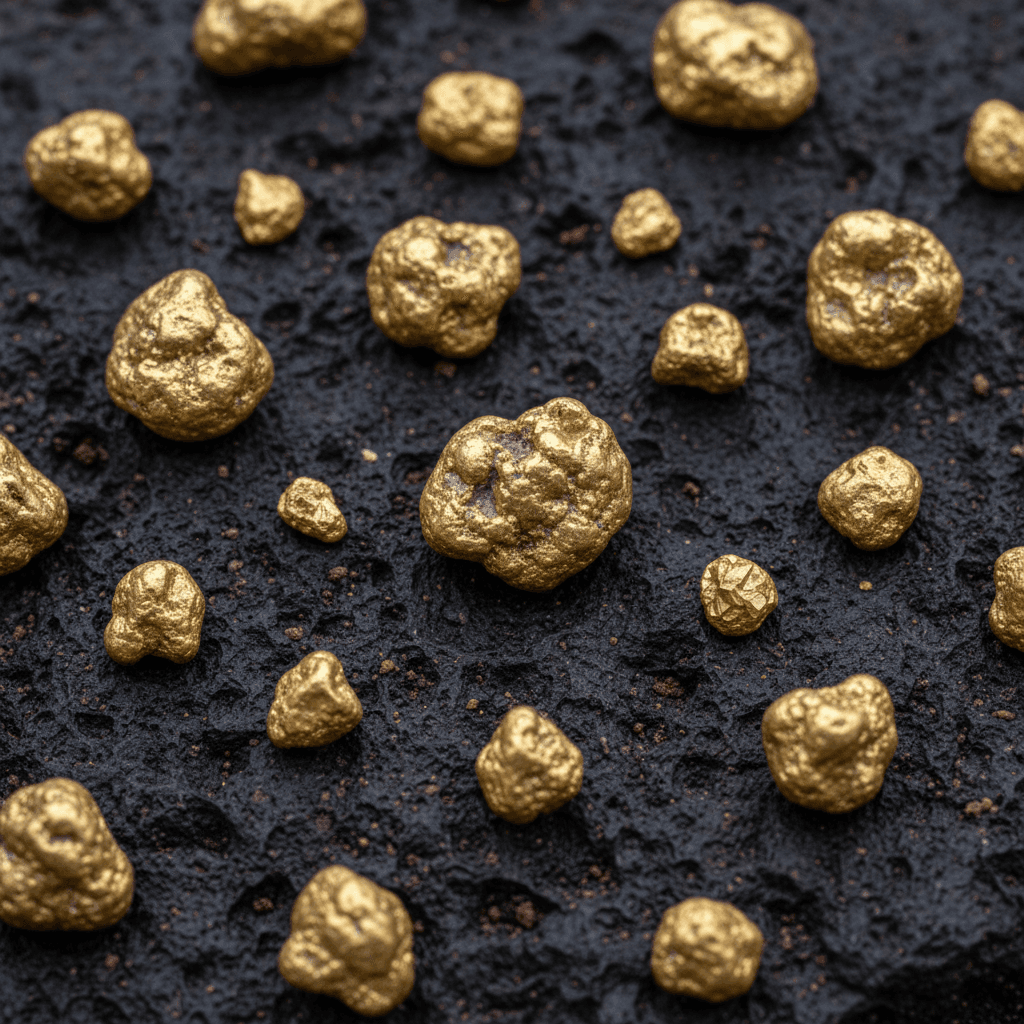 Several raw gold nuggets resting on a dark rock surface