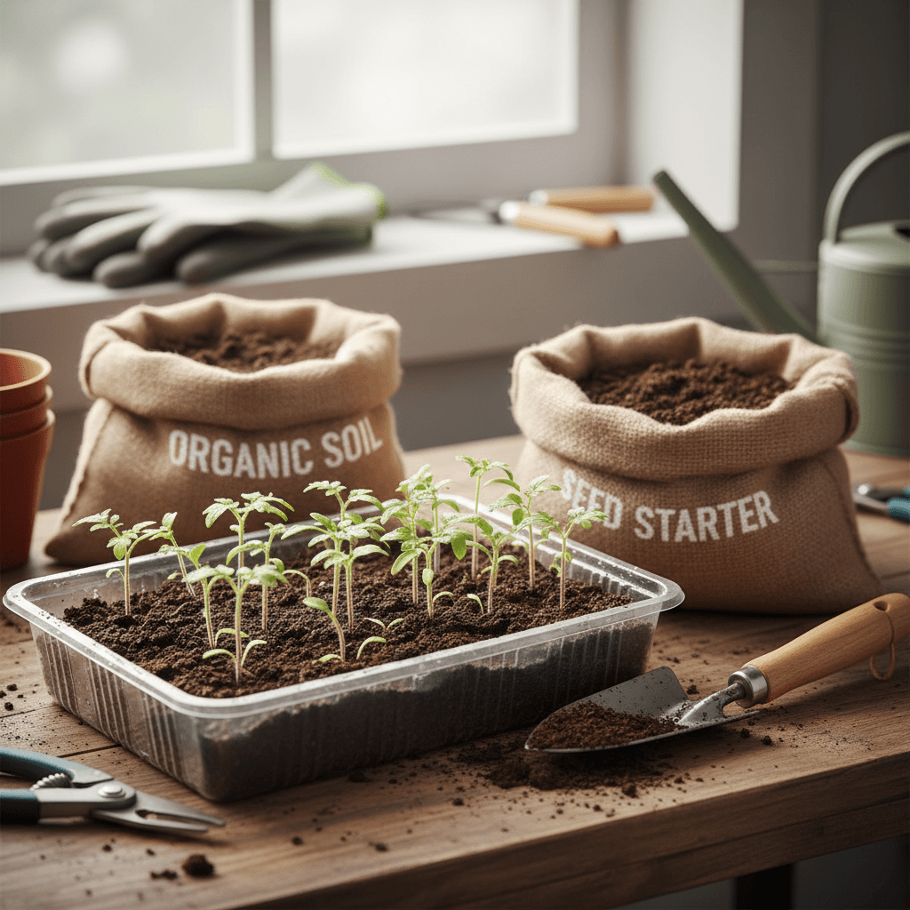 Small potted seedlings in a tray beside bags of soil