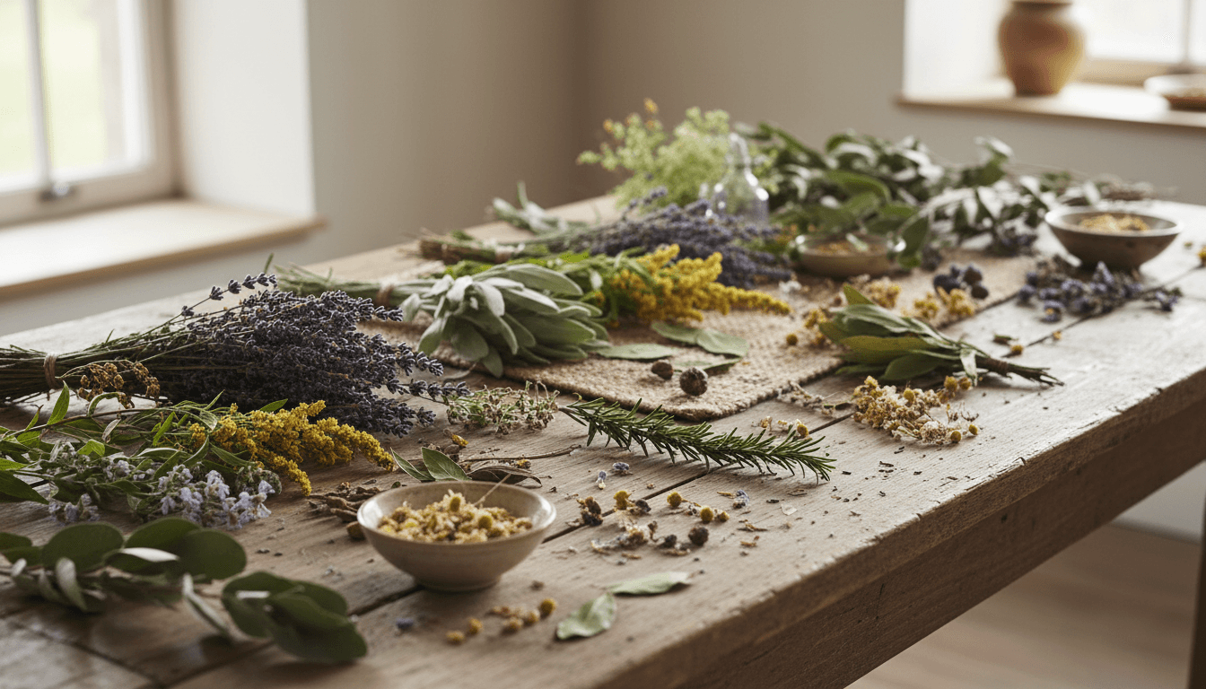 Dried herbs and botanical plants arranged on a rustic wooden table
