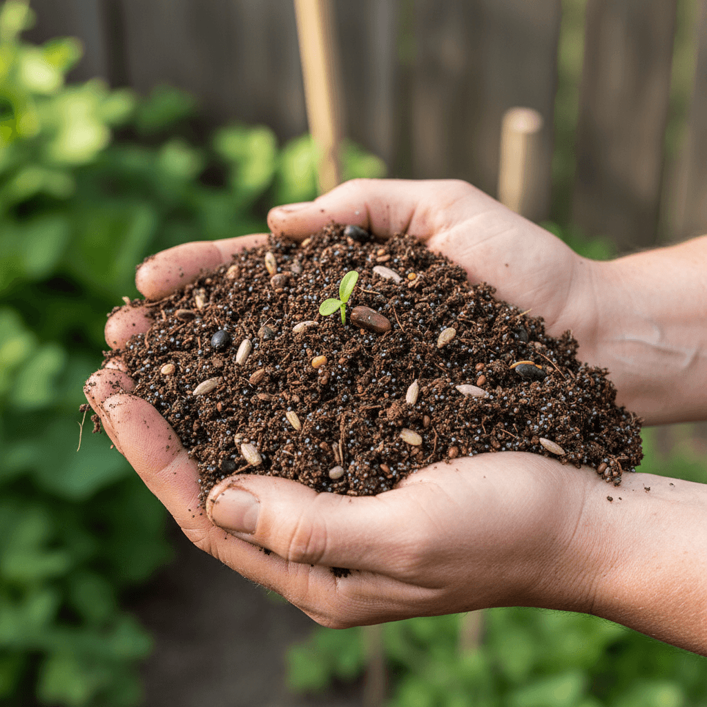 Seeds and soil in a gardener's hands
