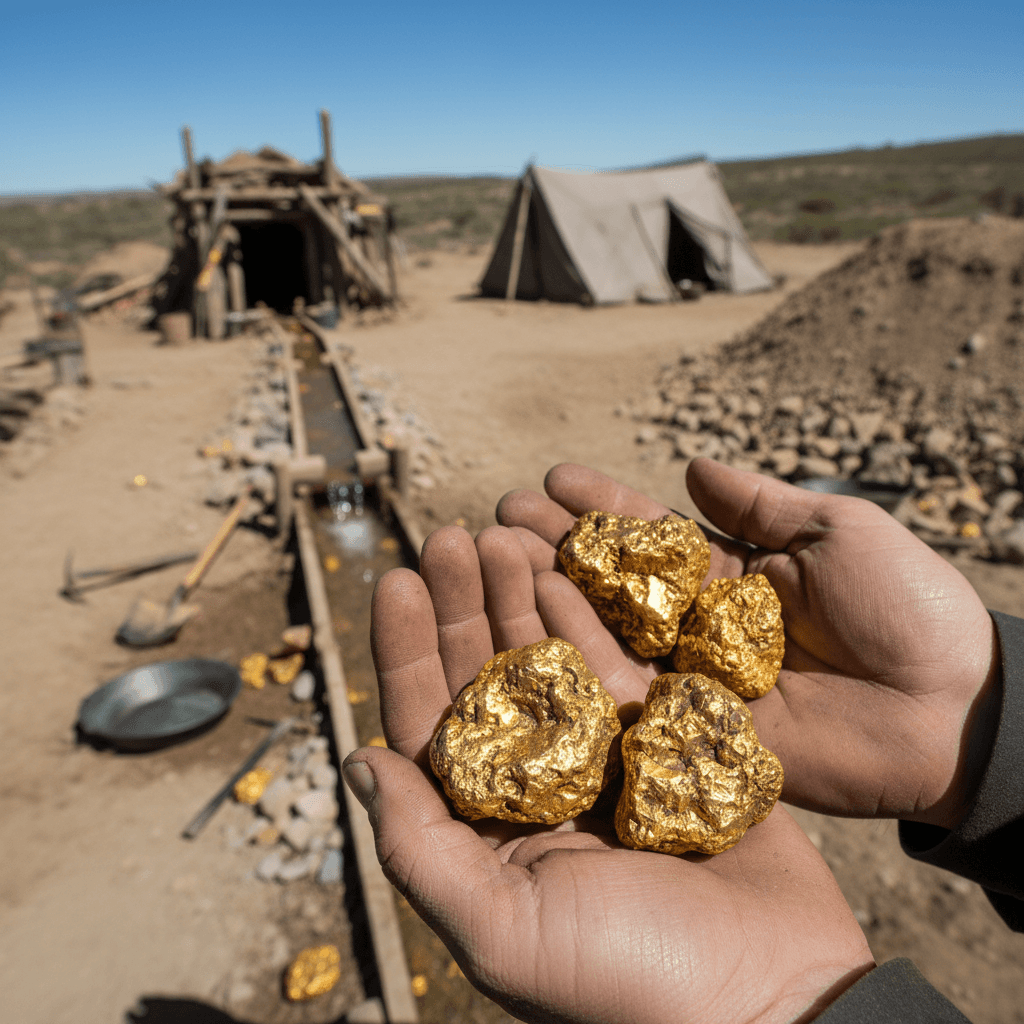 Hands of a miner holding small gold nuggets at a mining site