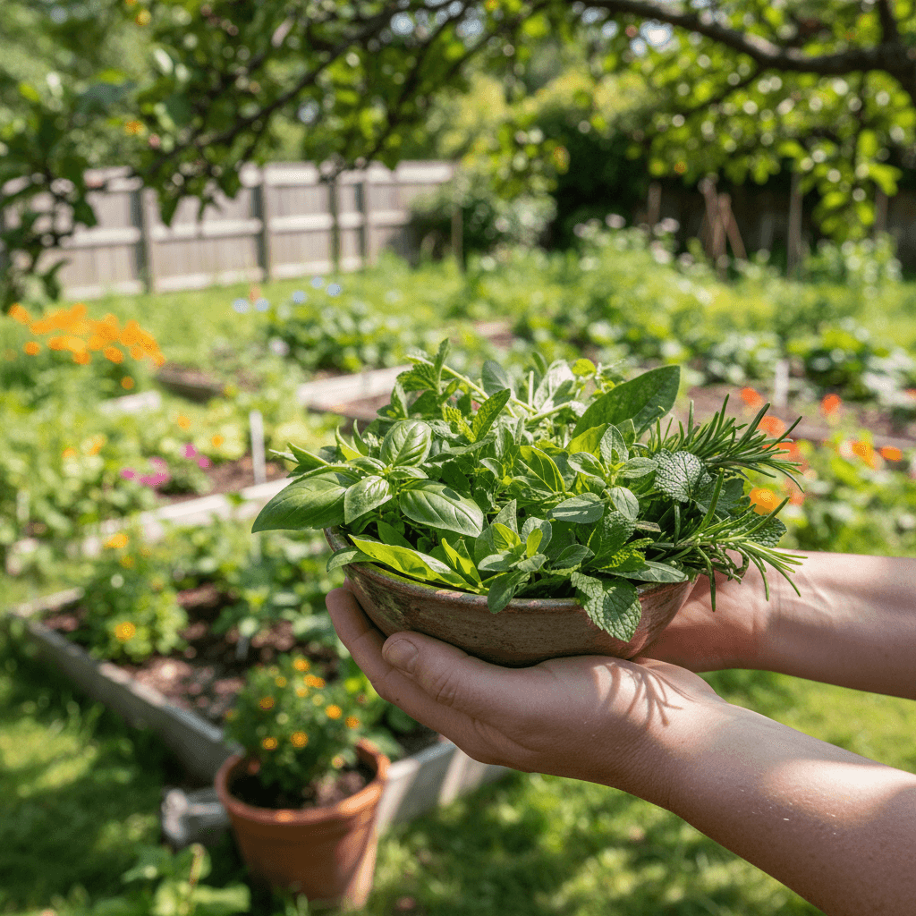 Hands holding a small bowl of fresh herbal leaves in a garden