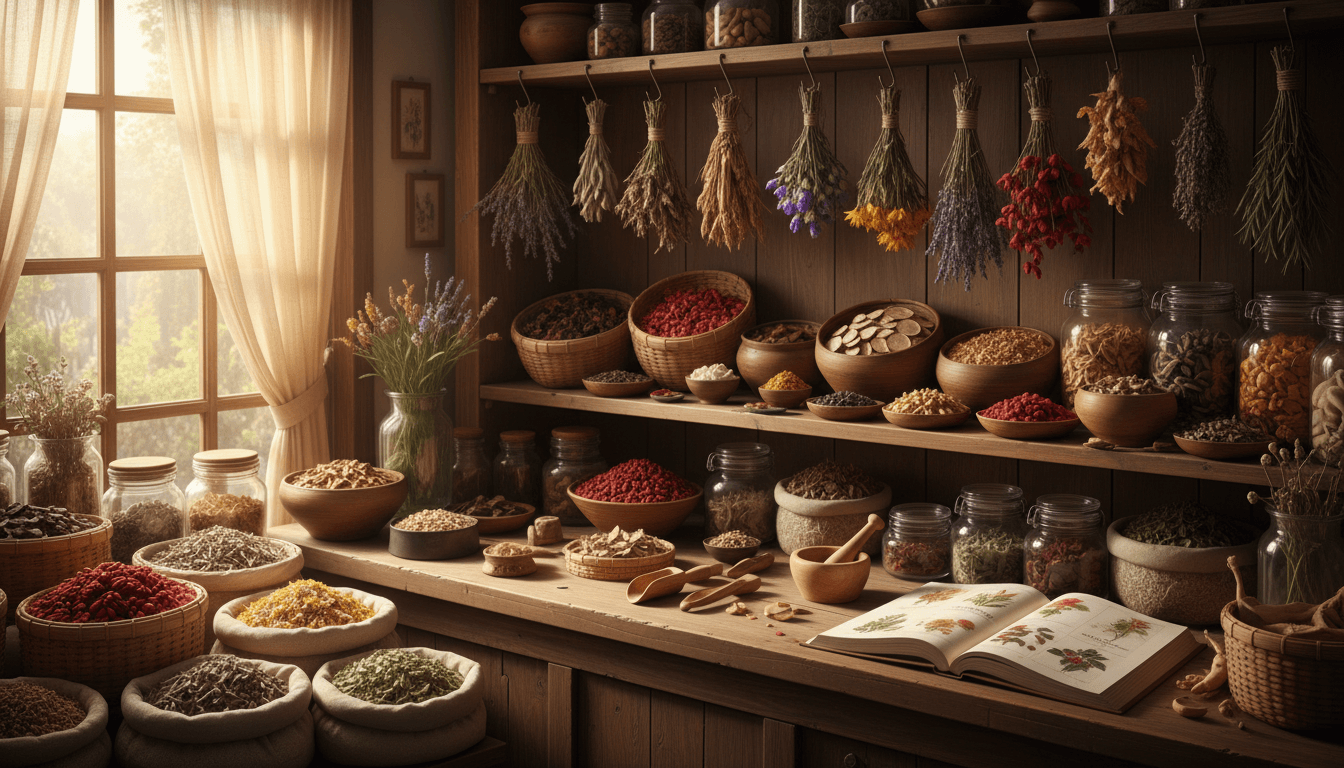 Dried herbs and natural remedies arranged for sale