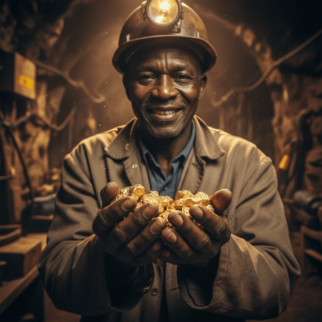 Experienced African miner holding gold in his hands