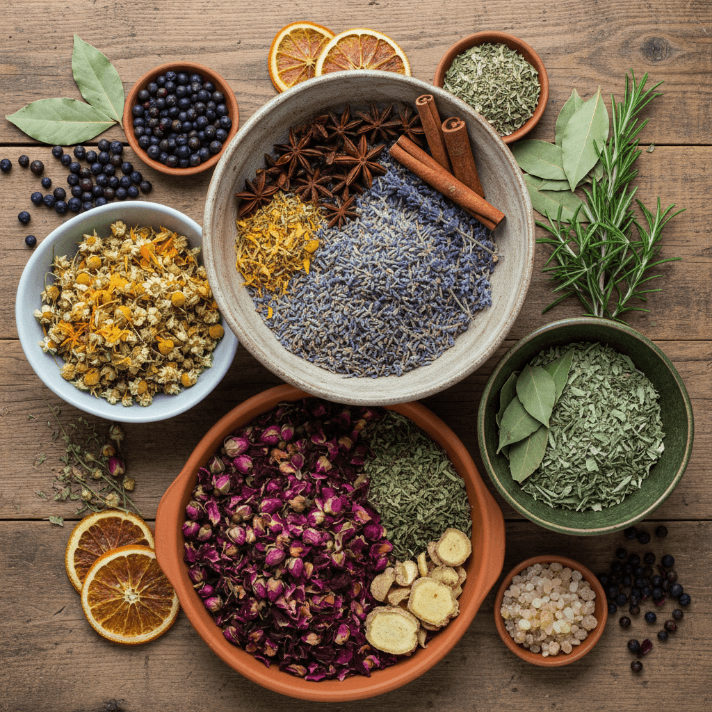 Dried herbs and botanical ingredients in bowls