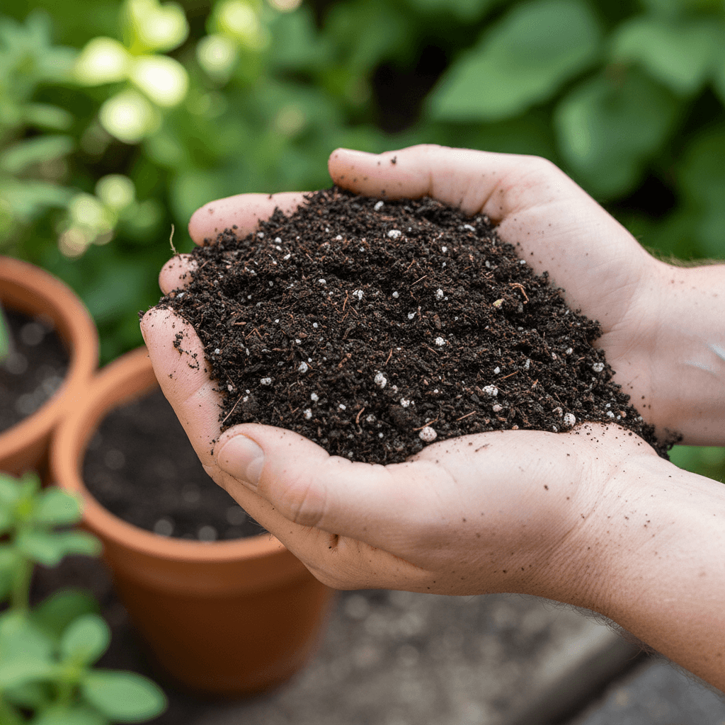 Hands cupping dark rich potting soil in close up