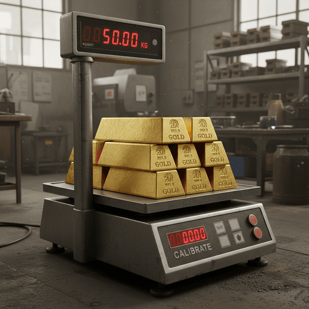 Industrial scale weighing a gold bar in a workshop