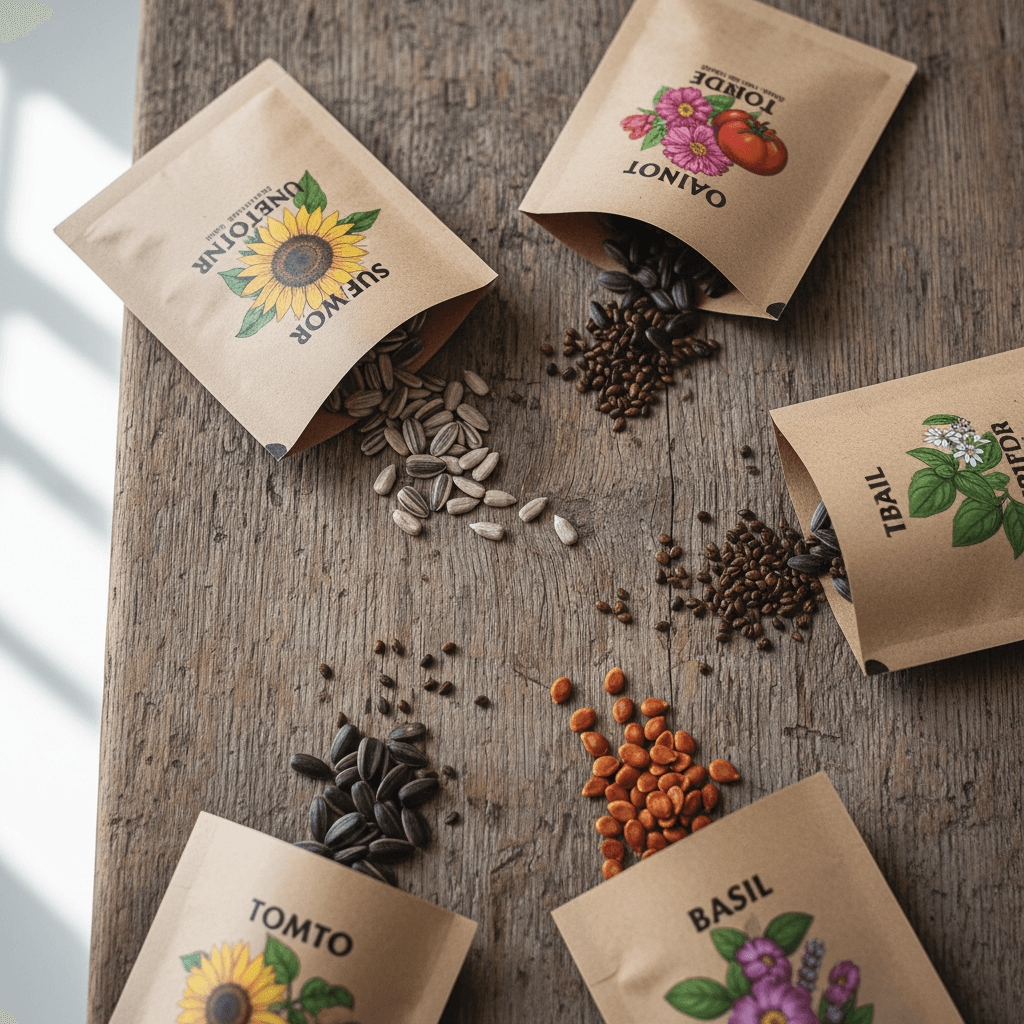 Open seed packets with seeds scattered on a rustic table