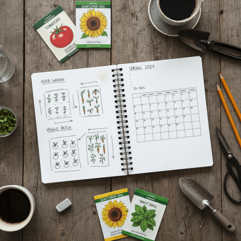 Open notebook with garden layout sketches and seed packets nearby