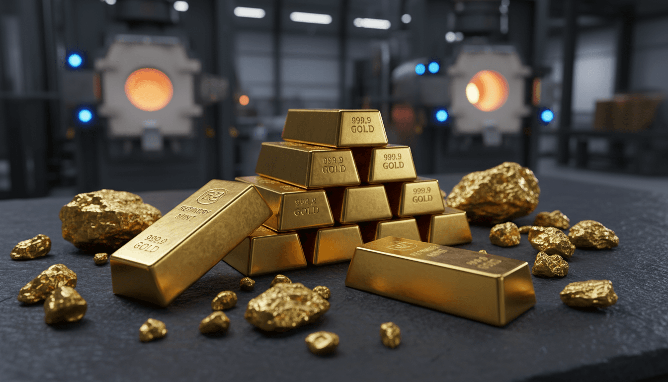 Gold bars and nuggets arranged on a dark surface ready for inspection