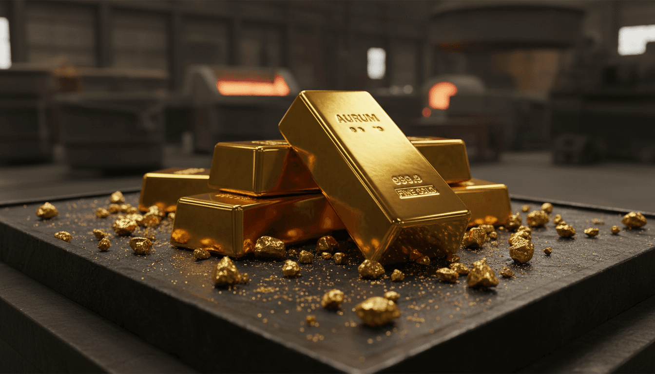 Gold bars and gold dust nuggets on a dark surface ready for inspection