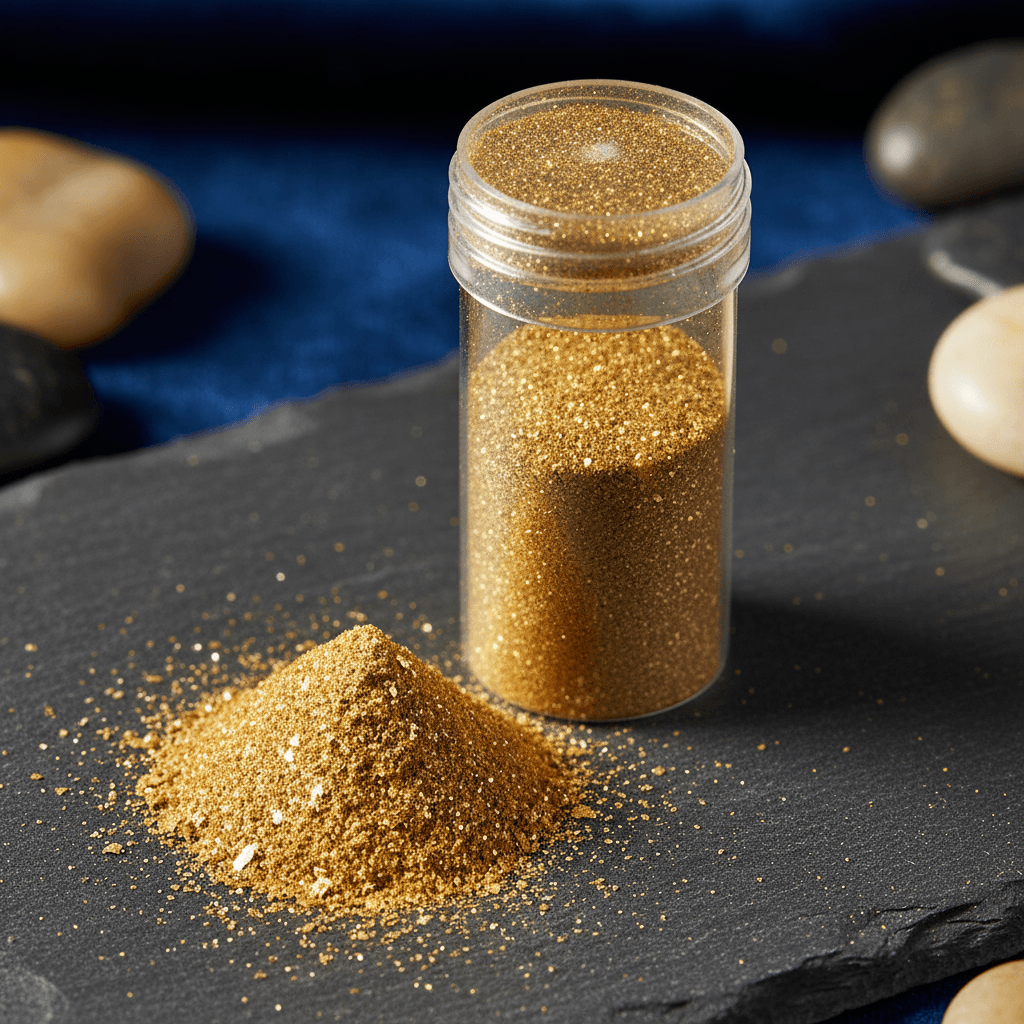 Vial and pile of fine gold dust on a dark surface