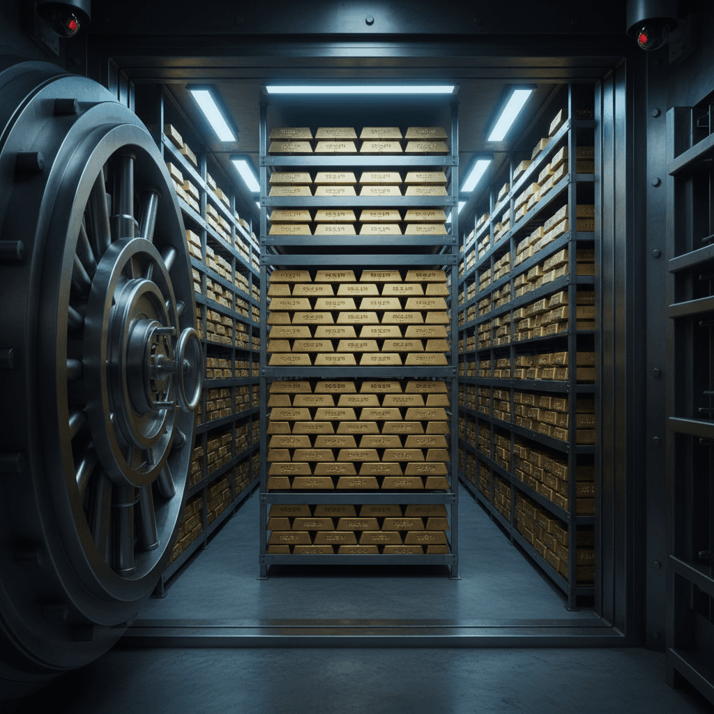 Gold bars neatly stacked in a secure vault