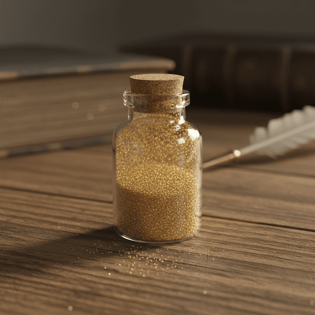 Glass vial filled with fine gold dust on a wooden table