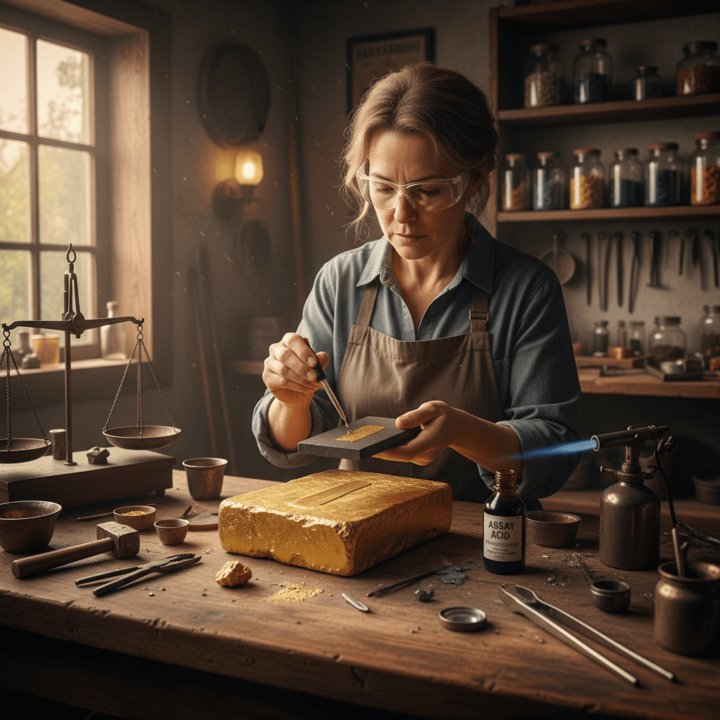 Assayer testing gold purity with tools in a workshop
