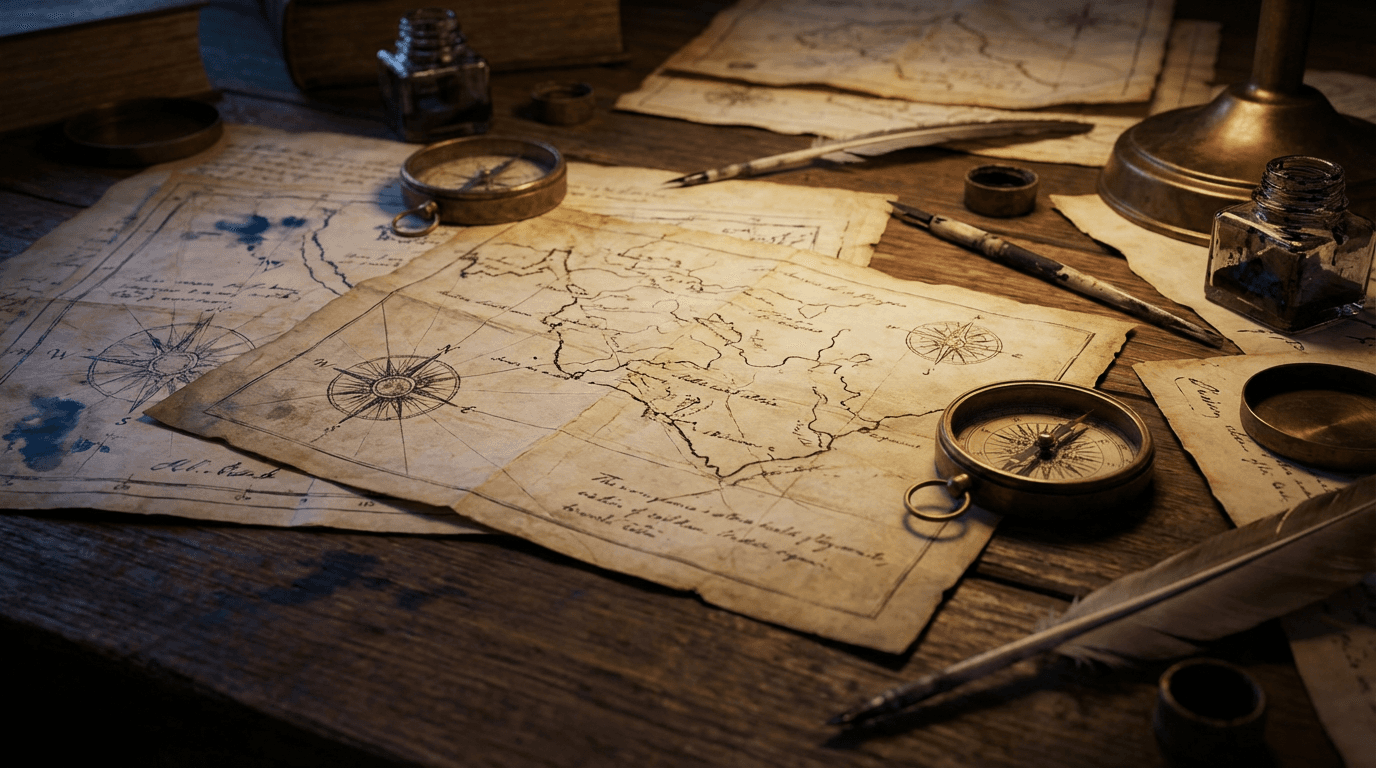 Gold nugget and map on a wooden table